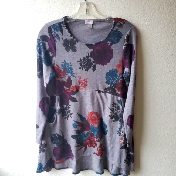 Chico's Women's Tunic Top Multicolor Gray Rose Button Sleeve Crew Pocket Size OP - Picture 3 of 8